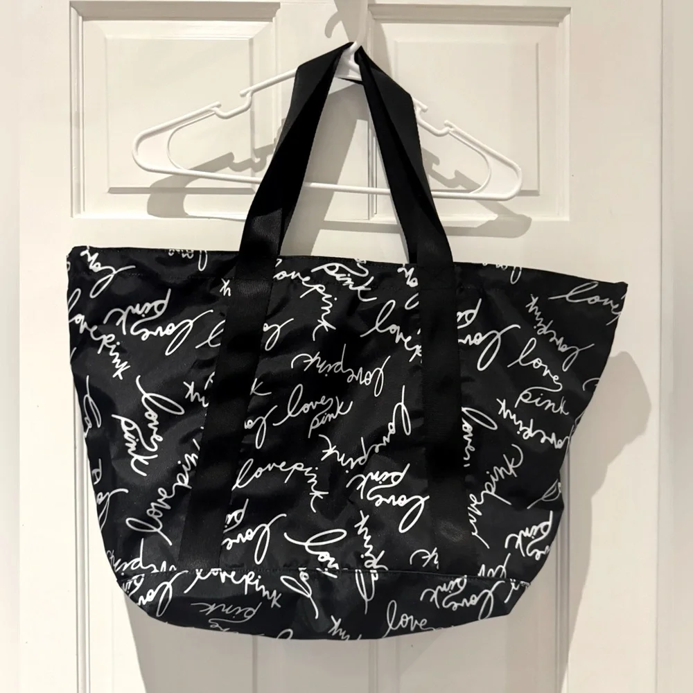 Victoria’s Secret PINK Black & White Script Logo Weekender Tote Bag NWOT